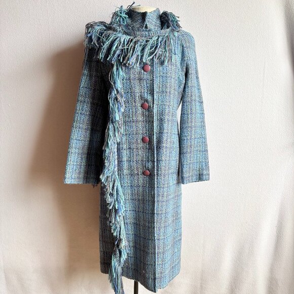 Blue Tweed Coat with Detachable Fringed Wrap - Picture 1 of 15